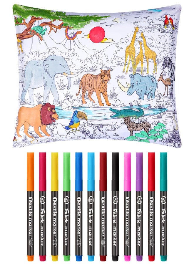 Mindsoft Coloring Pillowcase with 12 Pcs Markers Color Your Own Pillowcase Kit for Coloring Craft Decoration Supplies, 28.7 x 19.7 Inch(Wild Animals) - Image 1